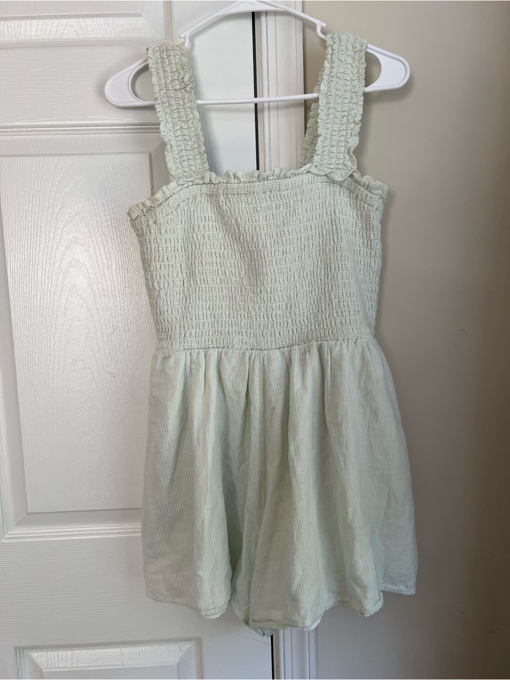 American Eagle Light Green & White Striped Smocked Sleeveless Romper Large